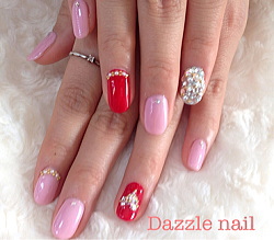 ピンクと赤のブライダルジェルネイル